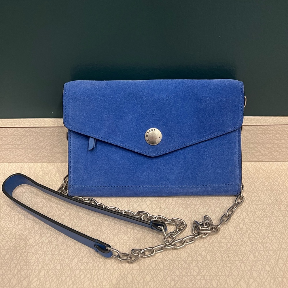 NEW Rag and Bone Atlas Wallet Purse with Chain Blue Suede